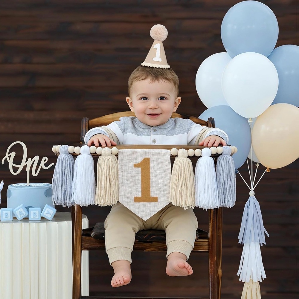 First Birthday High Chair Banner & Hat Set - Blue, Cream, Tan (twin set)